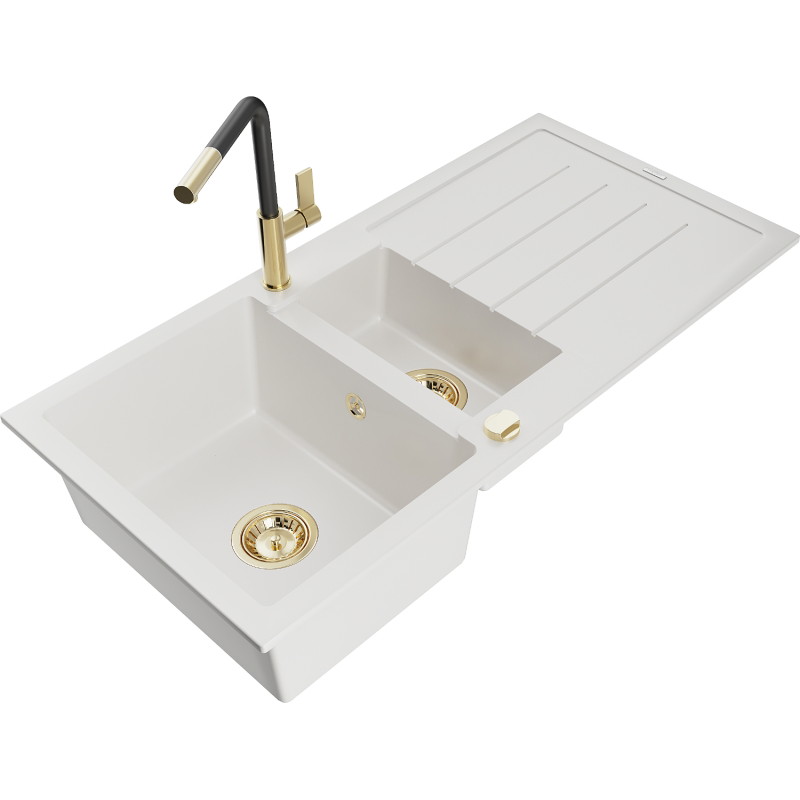 Mexen Andres 1.5-bowl granite sink with drainer and Flora kitchen faucet, white - 6515-20-670401-57-G