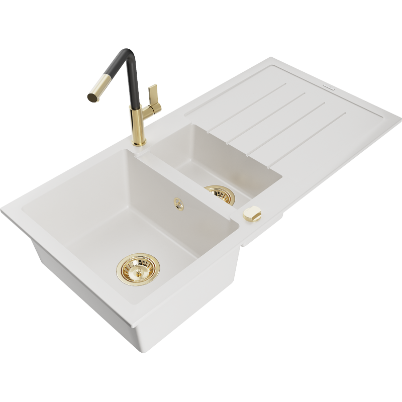 Mexen Andres 1.5-compartment granite sink with a drip tray and kitchen mixer tap Flora, White - 6515-20-670401-57-G