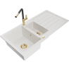 Mexen Andres 1.5-bowl granite sink with drainer and Flora kitchen faucet, white - 6515-20-670401-57-G