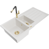 Mexen Andres granite sink 1.5-bowl with drainer and Flora kitchen faucet, white - 6515-20-670401-57-G