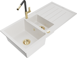Mexen Andres granite sink 1.5-bowl with drainer and Flora kitchen faucet, white - 6515-20-670401-57-G