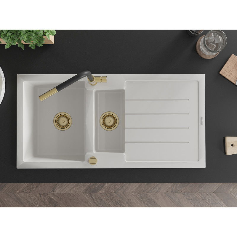 Mexen Andres 1.5-bowl granite sink with drainer and Flora kitchen tap, white - 6515-20-670401-57-G