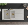 Mexen Andres 1.5-bowl granite sink with drainer and Flora kitchen faucet, white - 6515-20-670401-57-G