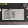 Mexen Andres granite sink 1.5-bowl with drainer and Flora kitchen faucet, white - 6515-20-670401-57-G