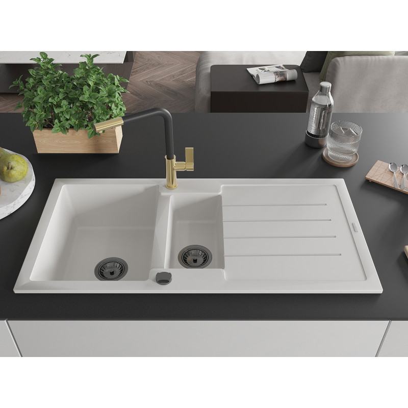 Mexen Andres granite sink 1.5-bowl with drainer and Flora kitchen faucet, white - 6515-20-670401-57-B