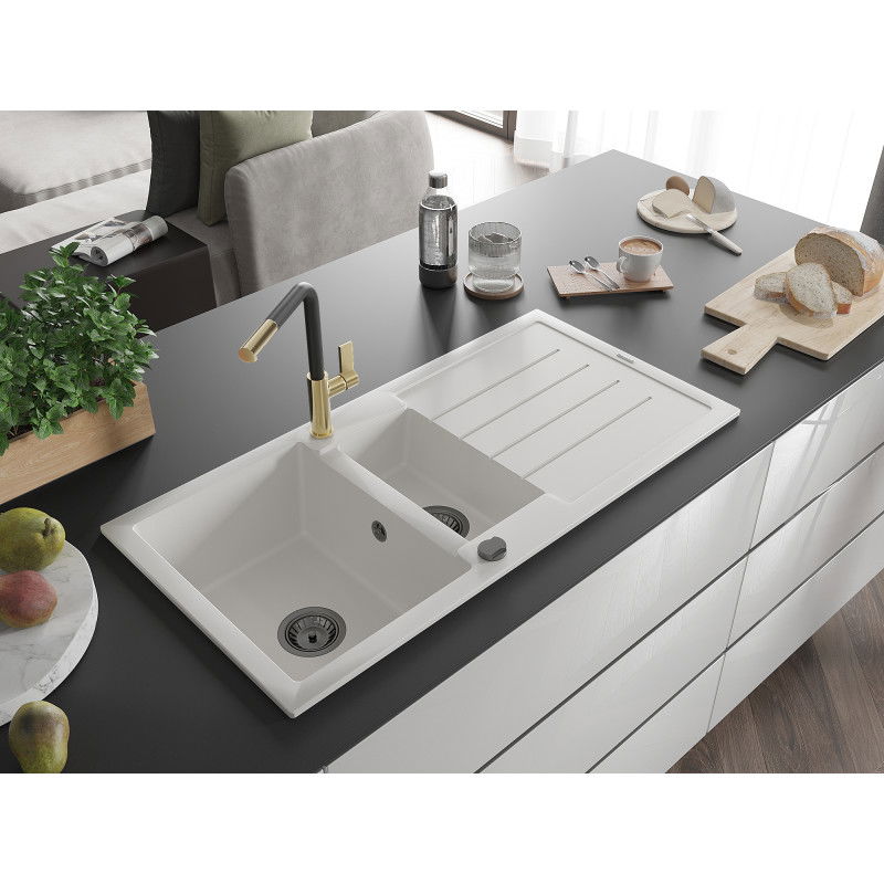 Mexen Andres granite sink 1.5-bowl with drainer and Flora kitchen tap, white - 6515-20-670401-57-B