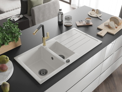 Mexen Andres 1.5-bowl granite sink with drainer and Flora kitchen faucet, white - 6515-20-670401-57-B