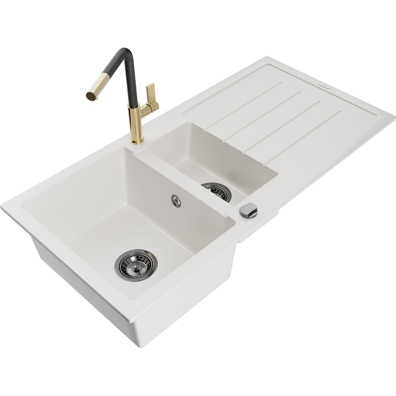 Mexen Andres 1.5-compartment granite sink with a drip tray and kitchen mixer tap Flora, White - 6515-20-670401-57-B