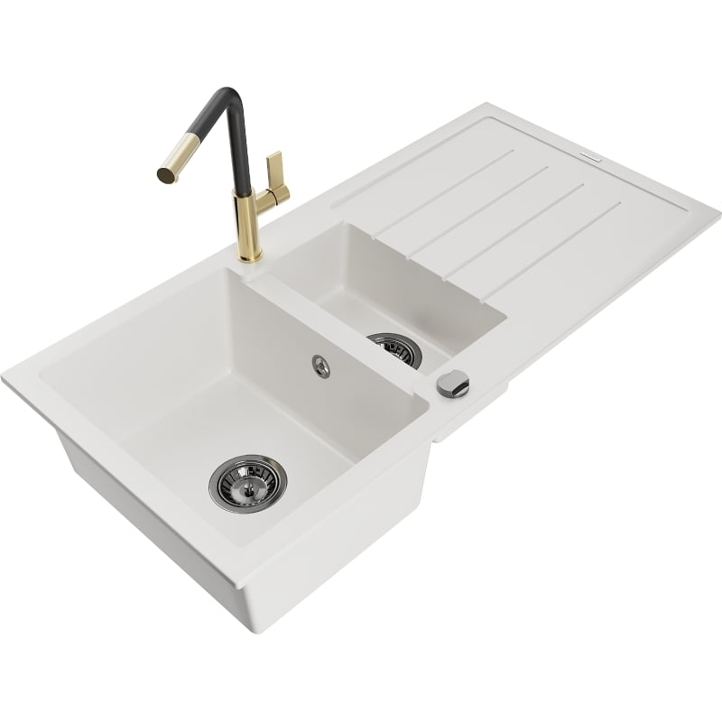Mexen Andres granite sink 1.5-bowl with drainer and Flora kitchen faucet, white - 6515-20-670401-57-B