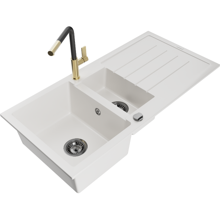 Mexen Andres 1.5-bowl granite sink with drainer and Flora kitchen faucet, white - 6515-20-670401-57-B