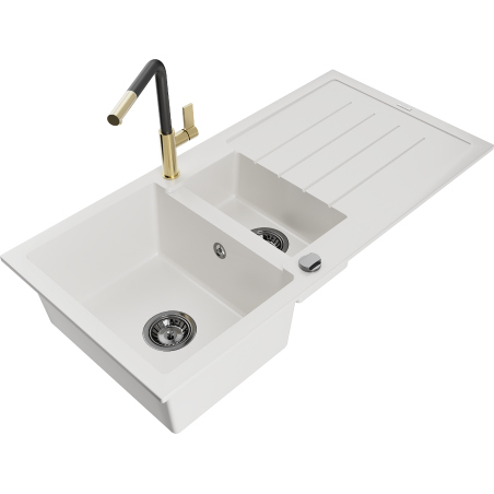 Mexen Andres granite sink 1.5-bowl with drainer and Flora kitchen faucet, white - 6515-20-670401-57-B