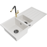 Mexen Andres 1.5-bowl granite sink with drainer and Flora kitchen faucet, white - 6515-20-670401-57-B