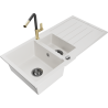 Mexen Andres granite sink 1.5-bowl with drainer and Flora kitchen faucet, white - 6515-20-670401-57-B