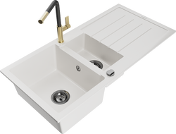 Mexen Andres 1.5-bowl granite sink with drainer and Flora kitchen faucet, white - 6515-20-670401-57-B