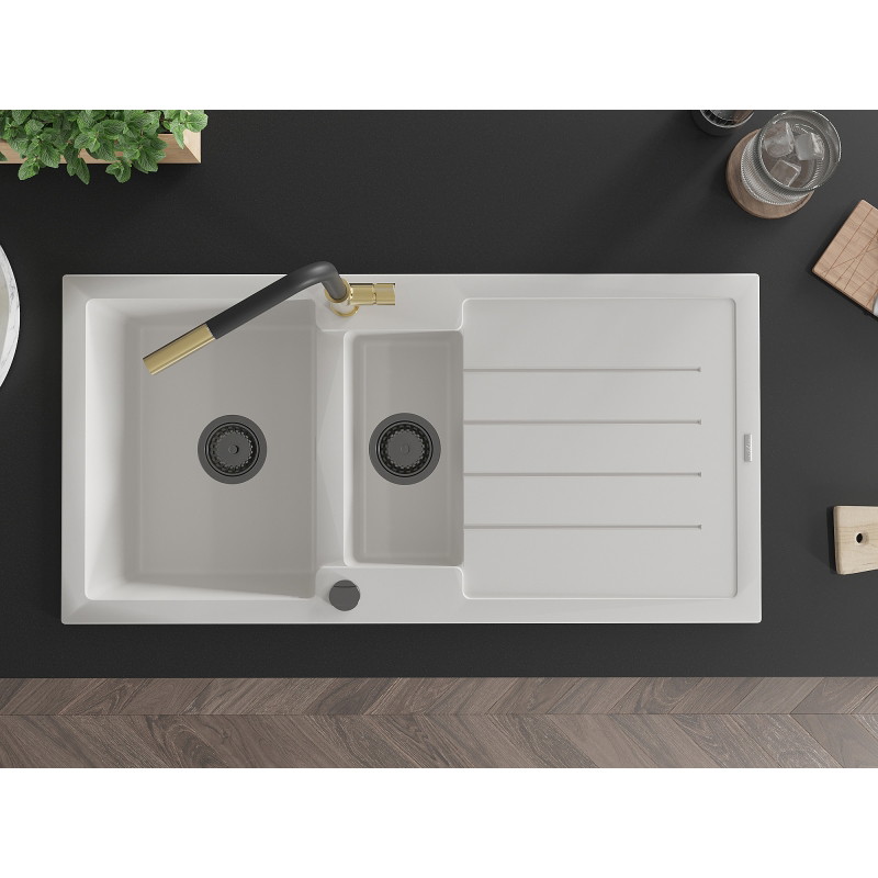 Mexen Andres 1.5-bowl granite sink with drainer and Flora kitchen faucet, white - 6515-20-670401-57-B