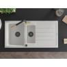 Mexen Andres 1.5-bowl granite sink with drainer and Flora kitchen faucet, white - 6515-20-670401-57-B