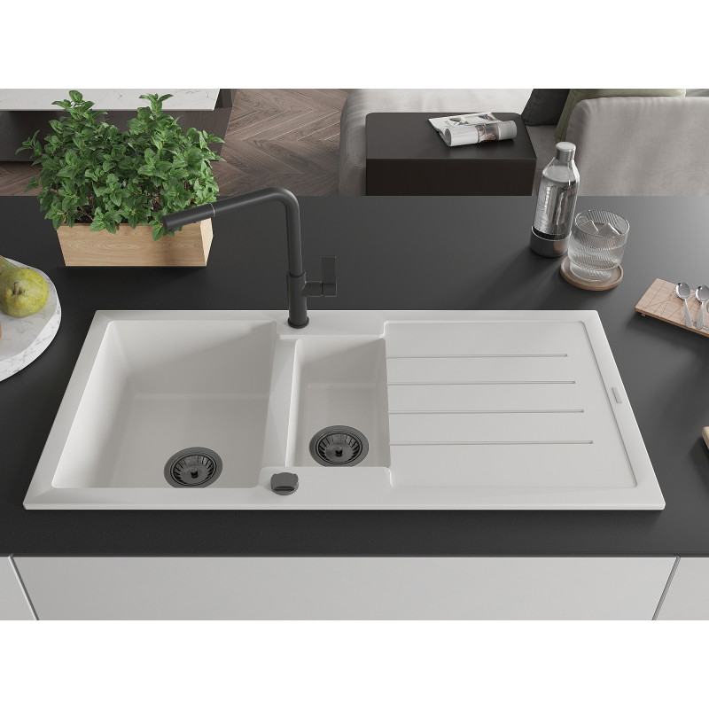 Mexen Andres 1.5-bowl granite kitchen sink with drainer and Flora kitchen faucet, white - 6515-20-670401-70-B