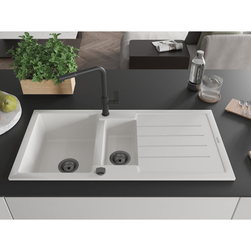 Mexen Andres granite sink 1.5-bowl with drainer and Flora kitchen faucet, white - 6515-20-670401-70-B