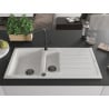 Mexen Andres granite sink 1.5-bowl with drainer and Flora kitchen faucet, white - 6515-20-670401-70-B