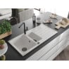 Mexen Andres 1.5-bowl granite kitchen sink with drainer and Flora kitchen faucet, white - 6515-20-670401-70-B