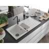 Mexen Andres granite sink 1.5-bowl with drainer and Flora kitchen faucet, white - 6515-20-670401-70-B