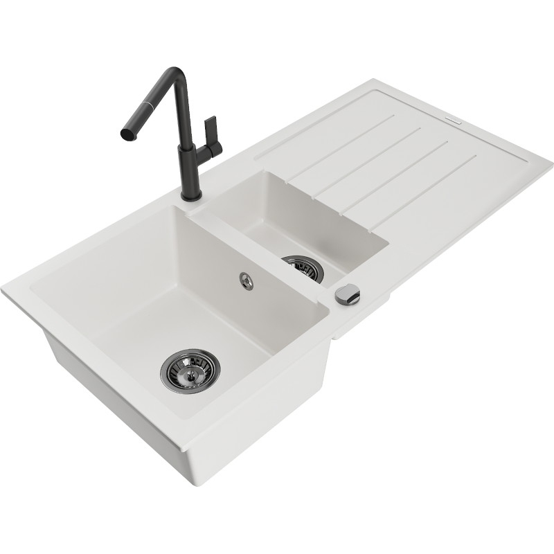 Mexen Andres 1.5-bowl granite kitchen sink with drainer and Flora kitchen faucet, white - 6515-20-670401-70-B
