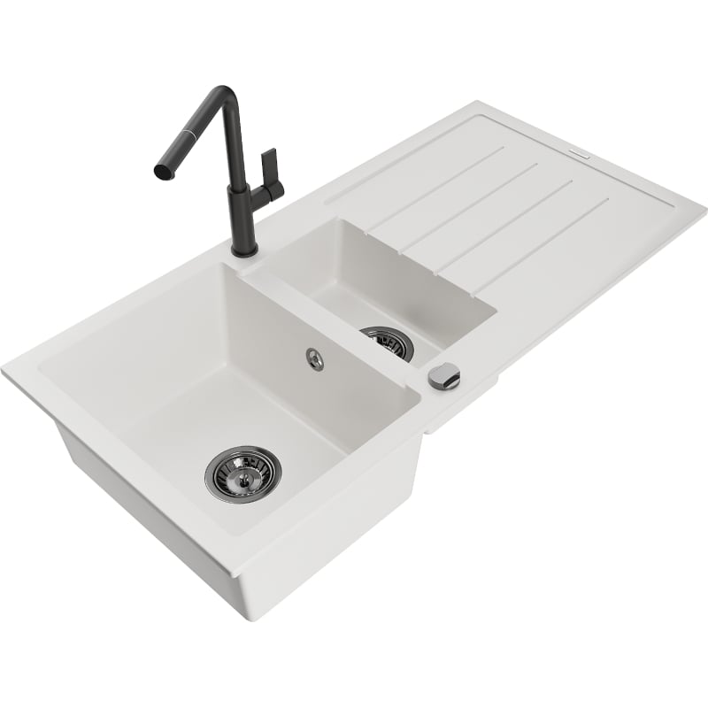 Mexen Andres granite sink 1.5-bowl with drainer and Flora kitchen faucet, white - 6515-20-670401-70-B