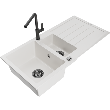 Mexen Andres 1.5-bowl granite kitchen sink with drainer and Flora kitchen faucet, white - 6515-20-670401-70-B