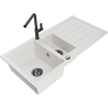 Mexen Andres 1.5-bowl granite kitchen sink with drainer and Flora kitchen faucet, white - 6515-20-670401-70-B