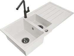 Mexen Andres 1.5-bowl granite kitchen sink with drainer and Flora kitchen faucet, white - 6515-20-670401-70-B