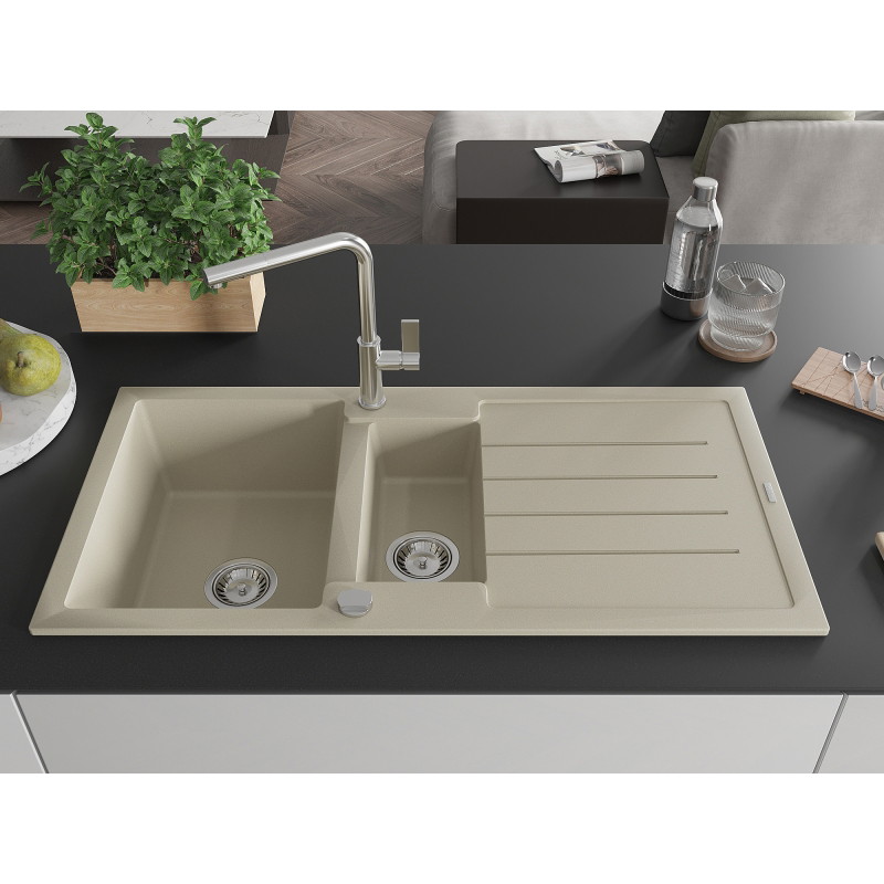 Mexen Andres granite kitchen sink 1.5-bowl with drainer and Flora kitchen faucet, beige - 6515-69-670401-00