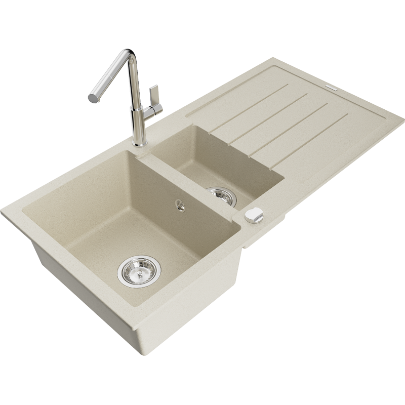 Mexen Andres 1.5-compartment granite sink with a drip tray and kitchen mixer tap Flora, Beige - 6515-69-670401-00
