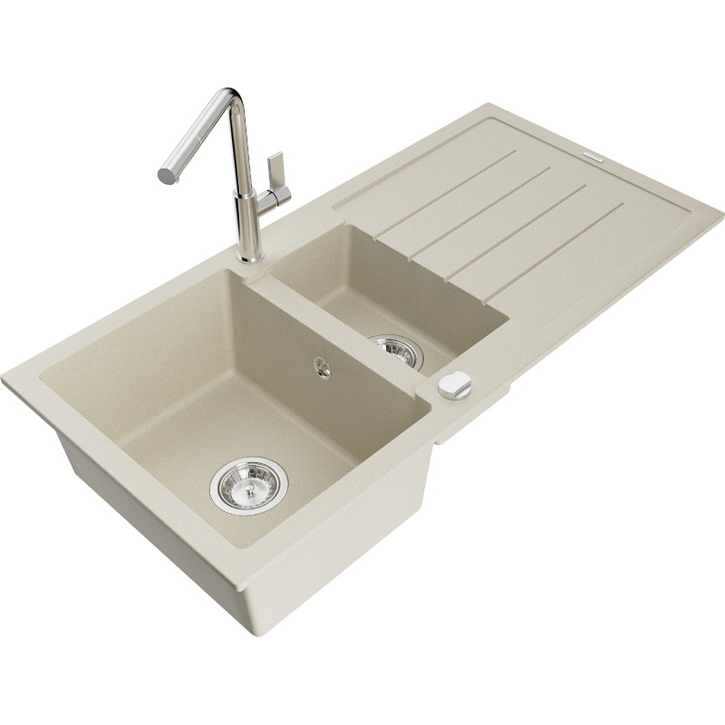 Mexen Andres granite kitchen sink 1.5-bowl with drainer and Flora kitchen faucet, beige - 6515-69-670401-00
