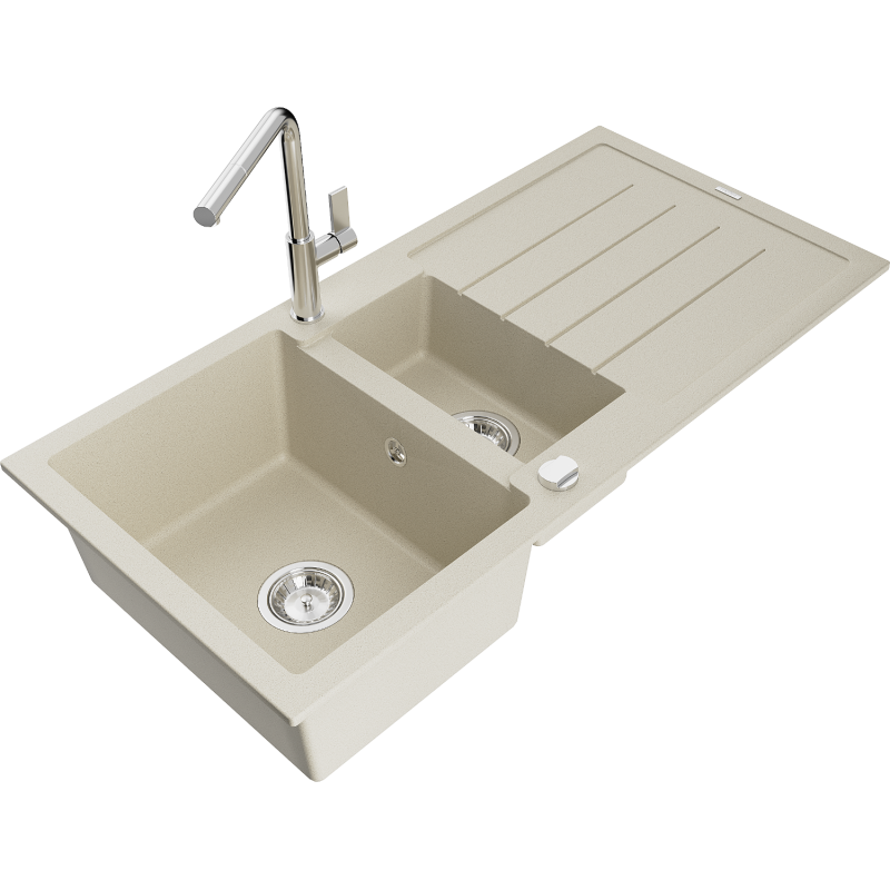 Mexen Andres granite sink 1.5-bowl with drainer and Flora kitchen tap, beige - 6515-69-670401-00