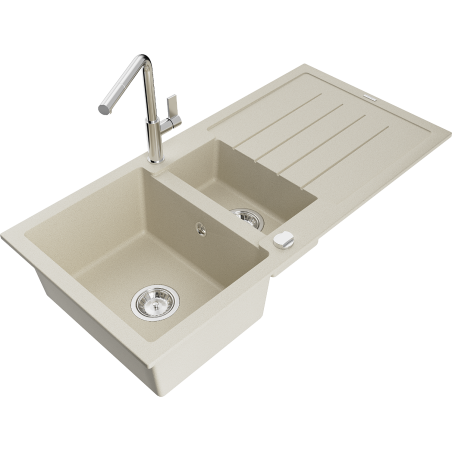 Mexen Andres granite kitchen sink 1.5-bowl with drainer and Flora kitchen faucet, beige - 6515-69-670401-00