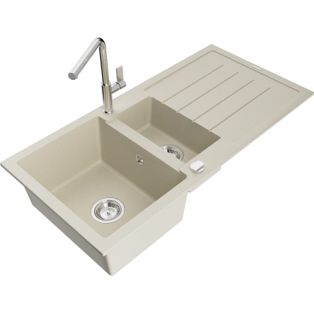 Mexen Andres granite sink 1.5-bowl with drainer and Flora kitchen tap, beige - 6515-69-670401-00