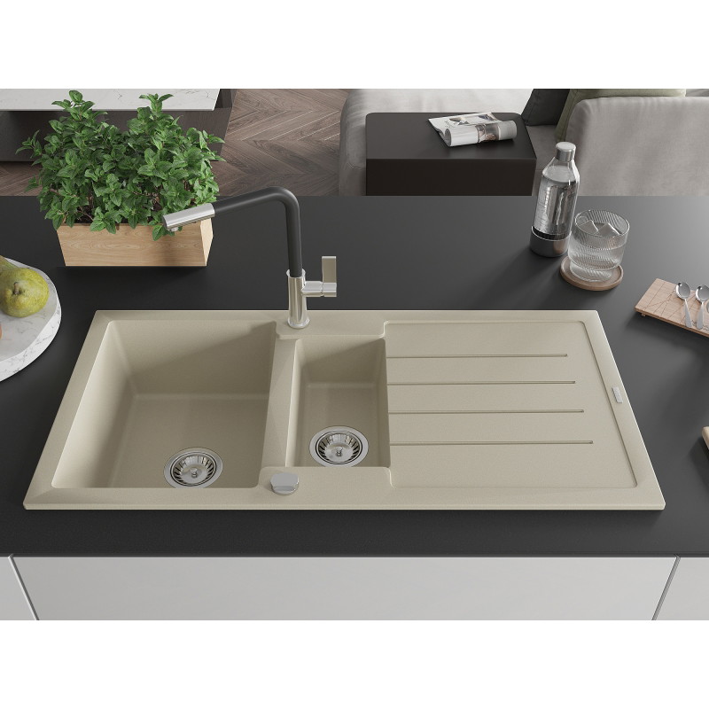 Mexen Andres granite kitchen sink 1.5-bowl with drainer and Flora kitchen faucet, beige - 6515-69-670401-07