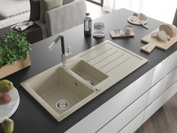 Mexen Andres 1.5-compartment granite sink with a drip tray and kitchen mixer tap Flora, Beige - 6515-69-670401-07