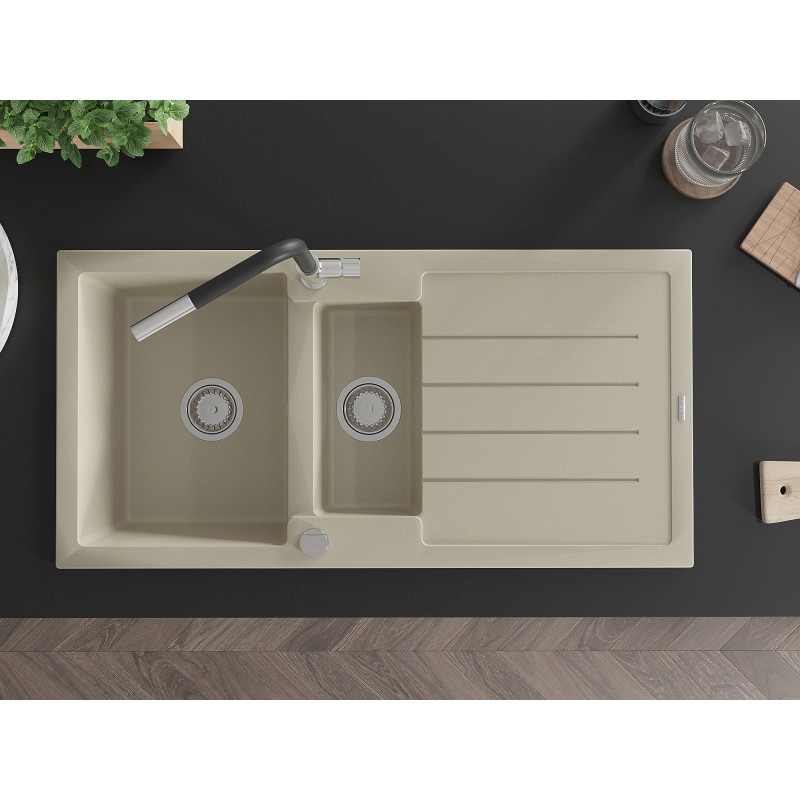 Mexen Andres 1.5-Bowl Granite Sink with Drainer and Flora Kitchen Faucet, Beige - 6515-69-670401-07