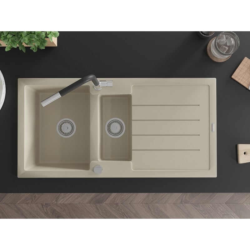 Mexen Andres granite kitchen sink 1.5-bowl with drainer and Flora kitchen faucet, beige - 6515-69-670401-07