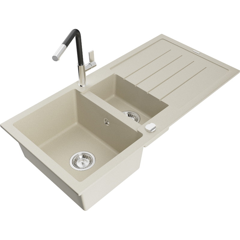 Mexen Andres 1.5-Bowl Granite Sink with Drainer and Flora Kitchen Faucet, Beige - 6515-69-670401-07