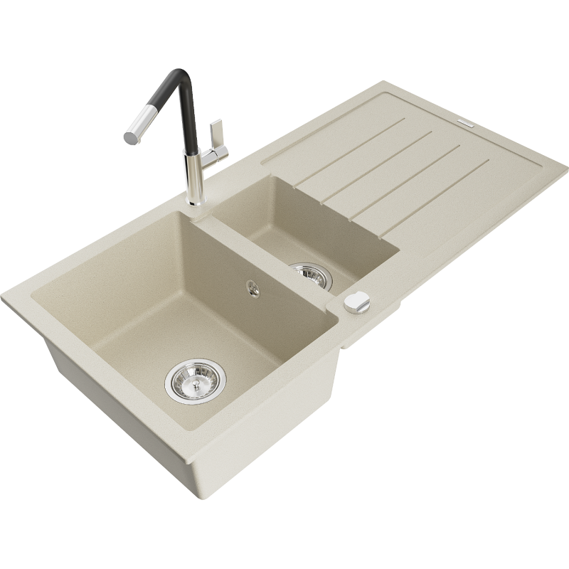 Mexen Andres 1.5-compartment granite sink with a drip tray and kitchen mixer tap Flora, Beige - 6515-69-670401-07