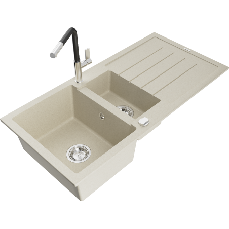 Mexen Andres granite sink 1.5-bowl with drainer and Flora kitchen tap, beige - 6515-69-670401-07
