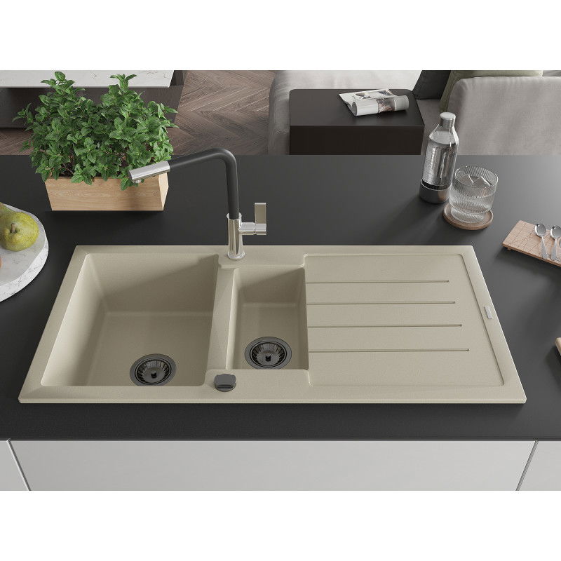 Mexen Andres 1.5-bowl granite sink with drainer and Flora kitchen tap, beige - 6515-69-670401-07-B