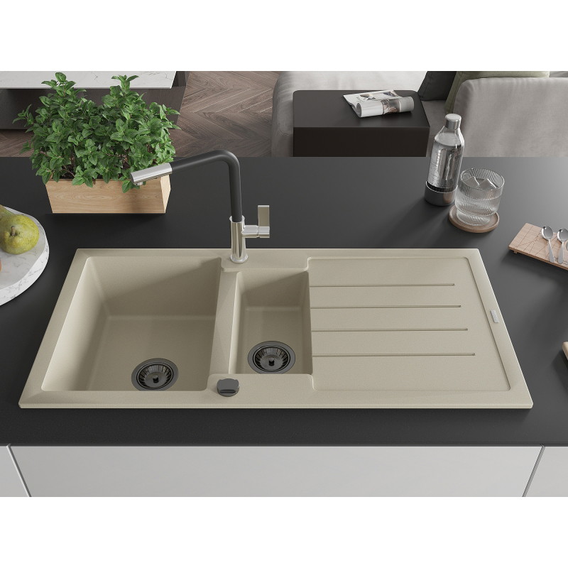 Mexen Andres granite sink 1.5-bowl with drainer and kitchen faucet Flora, beige - 6515-69-670401-07-B