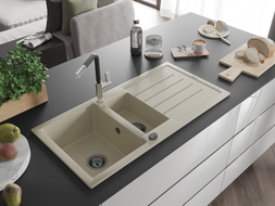 Mexen Andres granite sink 1.5-bowl with drainer and Flora kitchen faucet, beige - 6515-69-670401-07-B