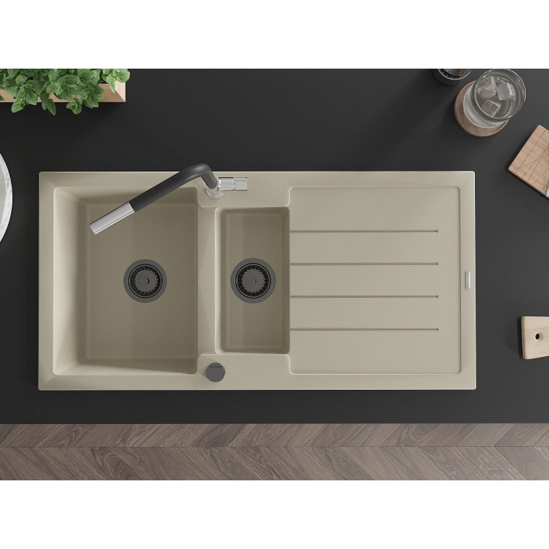 Mexen Andres granite sink 1.5-bowl with drainer and Flora kitchen faucet, beige - 6515-69-670401-07-B
