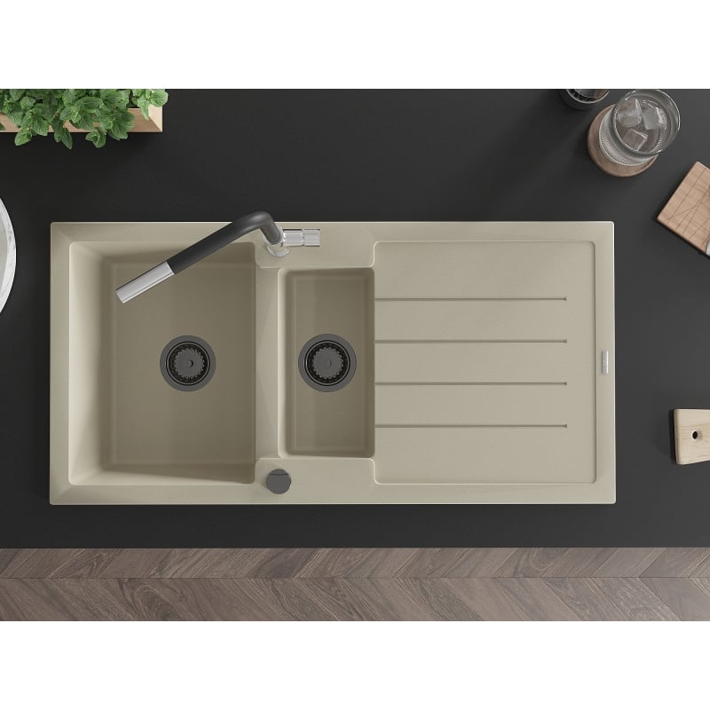 Mexen Andres granite sink 1.5-bowl with drainer and kitchen faucet Flora, beige - 6515-69-670401-07-B