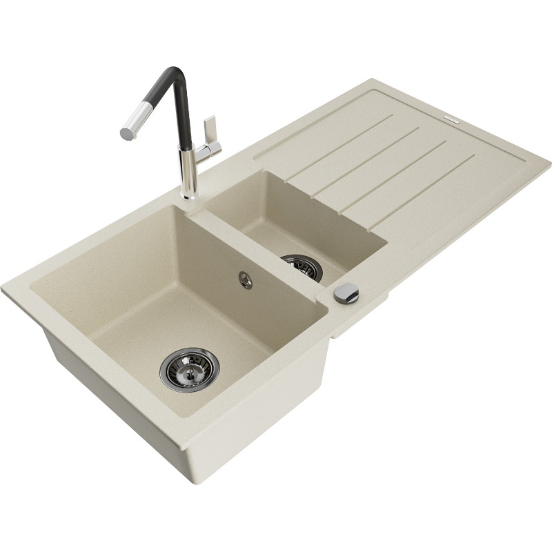 Mexen Andres granite sink 1.5-bowl with drainer and Flora kitchen faucet, beige - 6515-69-670401-07-B