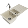 Mexen Andres granite sink 1.5-bowl with drainer and Flora kitchen faucet, beige - 6515-69-670401-07-B